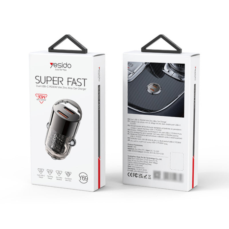 Auto punjač Yesido Y69 30W 3A 2 x USB-C crni
